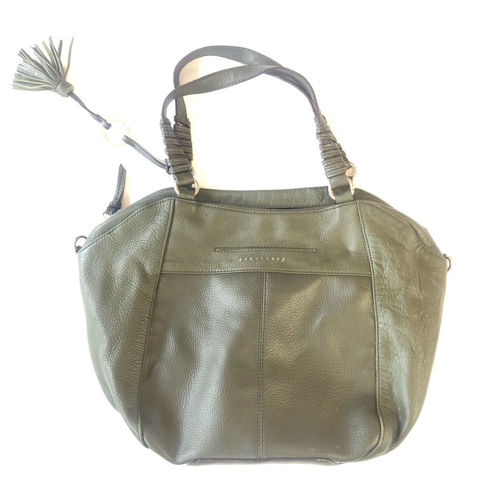 SANCTUARY DAEK OLIVE GREEN PEBBLED LEATHER TASSELED SATCHEL BAG